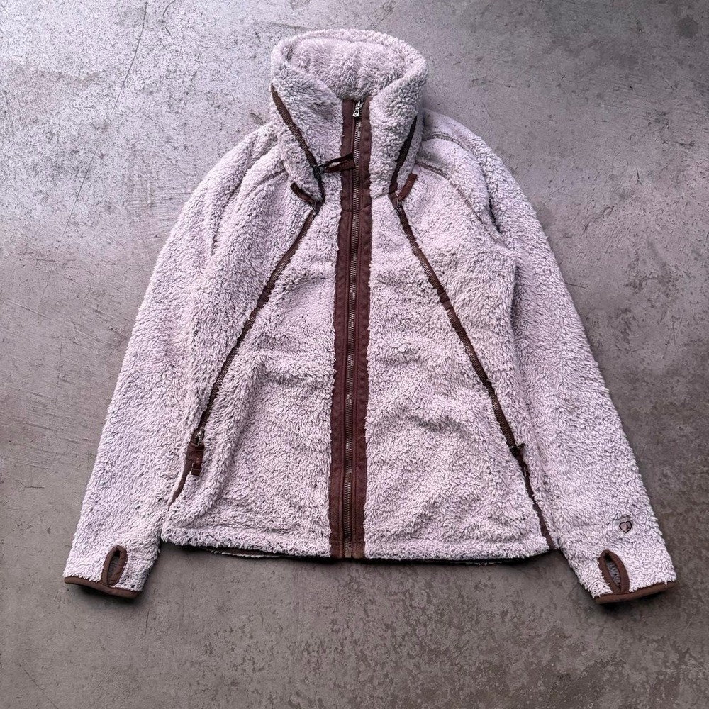 Kuhl Flight Jacket Womens Large Beige Sherpa Deep Pile Fleece Hooded Full Zip